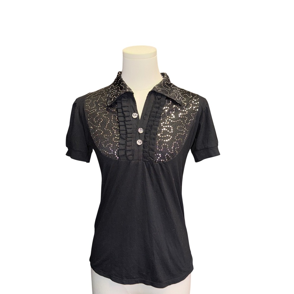 Vintage Guy Laroche Paris Black Sequin Collar Polo Top Crystal Rhinestones